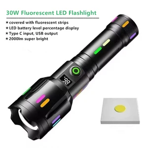 30W Rechargeable Aluminum Camping Flashlight, Strong 2000lm LED Torch Light with Zoom Function