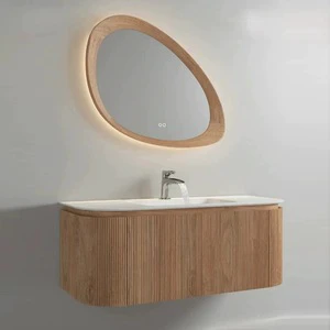 Modern Special Design Fluted Stripe Plywood Sintered Stone Counter Bathroom Vanity Unit With Ceramic Basin