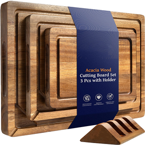 Custom Wholesale Acacia Wood Cutting Board Butcher Block With Juice Grooves For Cheese Vegetables 3 PCS Wooden Cutting Board Set