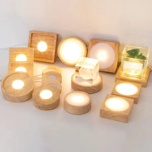 Rpund Square Wooden 3D LED Night Light Base with Touch Control Warm White USB Powered Wooden Lamp for Home Decoration