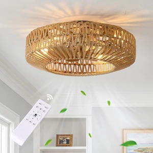 Wholesale American Retro Ceiling Fan Lamp Remote Control Rattan Caged Ceiling Fan Light Woven with Hemp Rope with 6 Speeds