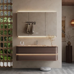 Vintage Curved Front Floating Vanity, Waterproof Solid Wood Bathroom Cabinet With Grid Compartment LED Storage Mirror Cabinet