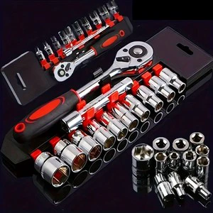 Chrome Vanadium Steel Metric 4-24mm Polished Ratchet Socket Wrench Set Ergonomic Rubber Handle Extension Bar Mechanic Tool Kit