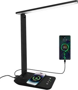 White Crown LED Desk Lamp with 15W Wireless Charger & USB Port, Dimmable Table Lamp with 5 Lighting Modes, Sensitive Touch