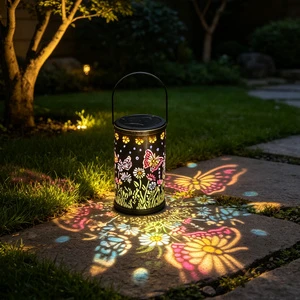 Solar Projection Iron Hanging Lantern Colorful Butterfly Flower Pattern Outdoor Waterproof Decoration Patio Yard Landscape