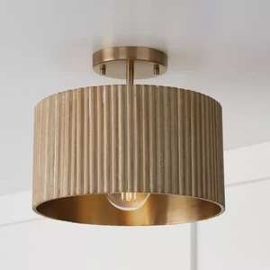 SIMIG Semi Flush Mount Ceiling Light Fixture Gold Drum Light With Gold Fabric Shade For Living Room Bedroom Dining Room