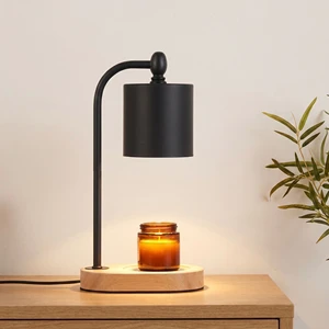 Curved Matte Black Metal Arm Natural Oval Wood Base Wax Melter Lamp For Nordic Wabi Sabi Home Decor & Gift