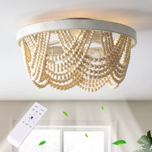 Wholesale Boho Wood Bead Ceiling Fan Lamp With Remote Control for Bedroom Kitchen Retro LED Ceiling Fan Light with 6 Speeds