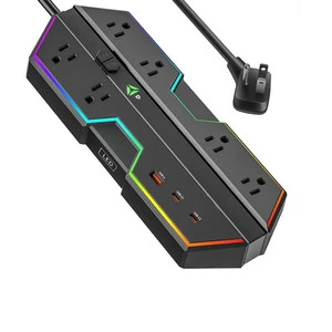 Gaming PC Extension Socket Power Strip USB 6 Outlets RGB Lights PD 20W Fast Charging Full Spectrum Color Select Wide Spaced