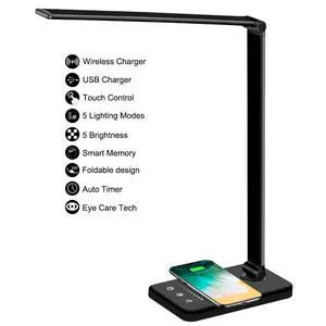 Office Desk Light with USB Charging Port Multifunctional LED Desk Table Reading Lamp Lights with Wireless Charger