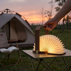 2025 Trending Accordion Vertical Folding LED Table Lamp With Battery Portable Wooden Night Light For Home & Camping