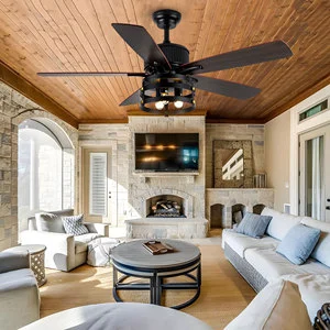 LED Lighted Electric Energy Saving Rustic Farmhouse Style Cage Design 5-Plywood Blades High CFM Quiet BLDC Ceiling Fan Household