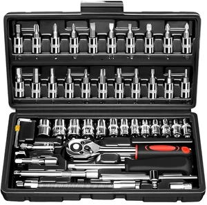 46-Piece 1/4 Inch Drive Metric Bit Socket Ratchet Wrench Set Hand Tools Case Pack for Auto Repair Garden Car Disassembly Tool