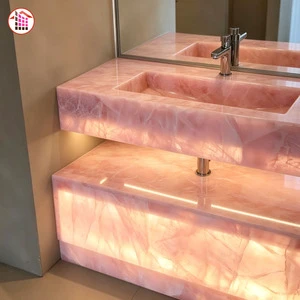 Custom Pink Onyx Bathroom Vanity with LED Backlight Natural Stone Sink Countertop Luxury Bath Natural Stone Countertop with