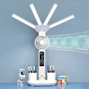 Customized Multifunction LED Table Lamp 4-headed With Fan Calendar Clock USB Rechargeable Desk Lamp 3 Color Reading Night Light
