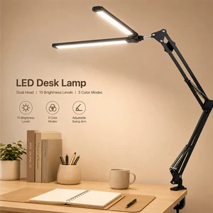 Double Head Clip Aluminum Iron Adjustable LED Desk Lamp USB Touch Control Cordless High CRI 90 6000K Daylight Warm White Options