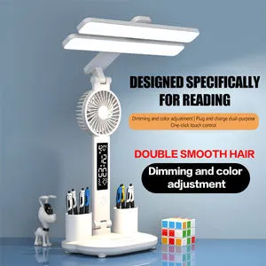 Eye Protection Desk Rechargeable Table Lamp for Study Reading Night Light with Fan LED Clock Display Multifunction Desktop Lamp