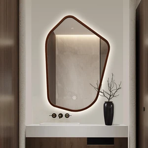 Modern Oak Wood Framed Led Mirror Waterproof Dimming Led Light Anti-Fog Safe Mirror Glass Touch Switch Bath Mirror