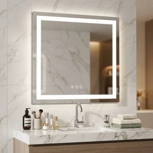 Hotel Series Intelligent Touch 3-Color LED Lighting Vanity Mirror Anti-fog Feature Modern Wall-mounted Salon Villa Bathroom
