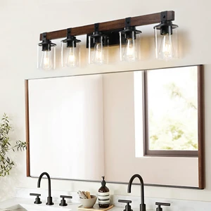 5-Light Modern Rustic Vanity Light Industrial Bathroom Wall Sconce with Glass Shades & Wood Accent Mirror Lamps