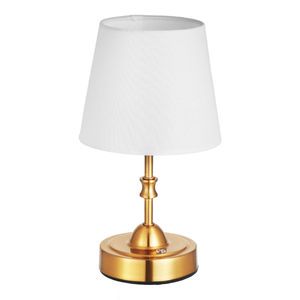 Small Desk Table Lamp Gold Metal Base Fabric Shade White Bell Shape LED 6000K Daylight Bedroom Lighting Cordless Battery Powered