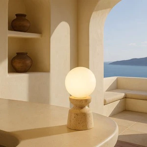 Travertine Table Lamp Mediterranean Globe Glass Shade Natural Stone Desk Light For Hotel Villa Decor