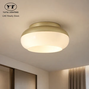 Modern Flush Mount Ceiling Light Gold Round Indoor Ceiling Lamp Iron Body Glass Shade Warm White Bedroom Hallway Light