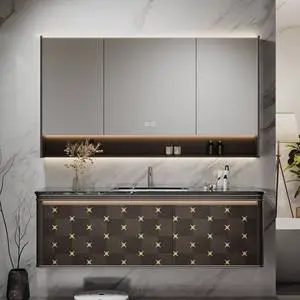 Luxury Italian Solid Wood Floating Bathroom Vanity Cabinet With Sink Sintered Stone Top Smart LED Mirror Double Vanity Set