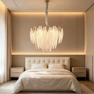 Feather Glass Chandelier Pendant Light For Living Room High Ceiling LED Dimmable With 2700K-4100K Color Temperature