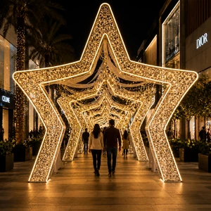Giant LED Walk-through Warm White 3D Star Shape Arch for Outdoor Shopping Mall City Street Holiday Star Tunnel Motif Light