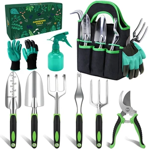9 Pcs Complete Garden Tools Set Ergonomic Gardening Hand Tools Kit Includes Weeder, Pruner, Transplanter, Trowel, Rake, Bag