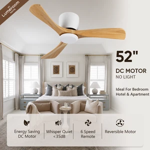 52 Inch Bedroom Ceiling Fan No Light,Modern Wood Ceiling Fan with Remote Control Low Profile Flush Mount