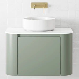 Modern Curved Floating Vanity | Sage Green Finish & Round Ceramic Vessel Sink | Minimalist Bathroom Cabinet