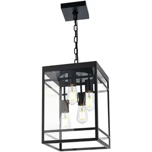 Black Outdoor Pendant Light with Seeded Glass Panel Large Outdoor Hanging Ceiling Fixture Linear Exterior Chandelier for Porch