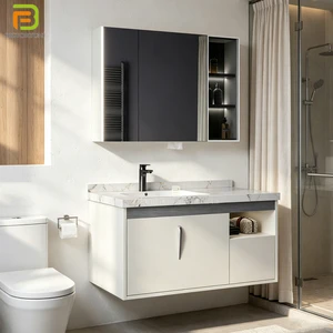 Customized Floating Single Sink Bathroom Vanity Set Wall Mounted Plywood Bathroom Cabinet With Slab Basin For Apartment Projects