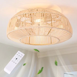 Wholesale 20 Inch Hand-Woven Rattan Ceiling Fan Lights with 6 Speeds Boho Coastal Caged Ceiling Fans Lamp and Remote Control