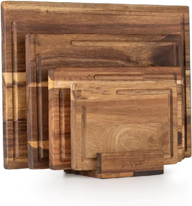Set Of 4 Acacia Wood Chopping Boards With Built-in Handles For Kitchen Durable Solid Wood Cutting Board With Holder