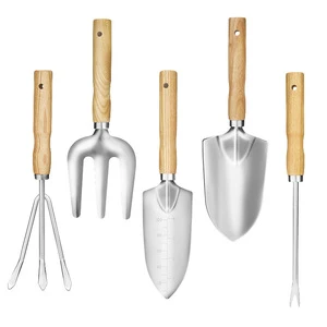 Gardening Mini 5 Pcs Stainless Steel Home Garden Tools Set with Wood Handle for Weeding Planting