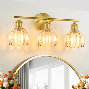 Gold Bathroom Light Fixture 3-Light Bathroom Vanity Light Over Mirror with Ribbed Amber Tulip Glass Shade Brass Wall Scone