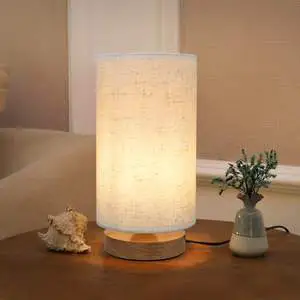Factory Direct Sell Small Bedside Night Table Lamp Minimalist Nightstand Lamp With Round Fabric Linen Shade