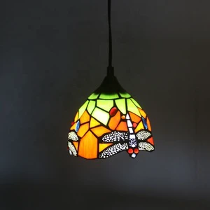 LongHuiJing Small 6 Inch Mini Traditional for Red Dragonfly Stained Glass LED E27 Pendant 1-Light Modern Living Room Ceiling