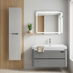 Modern Fluted Wall Mounted Bathroom Vanity Set With LED Smart Mirror & Side Cabinet