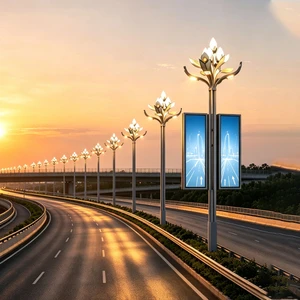 Outdoor Highway Project Lamp Post With Golden Carved Base Lotus Style Decorative Street Lighting Pole For City Cultural Plaza
