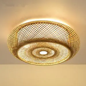 Contemporary Modern Round Rattan and Bamboo Ceiling Light for Bedroom and Living Room Warm White with E26 Base for Home Bar