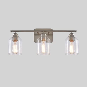 Customized Modern 3-Light Brushed Nickel Metal Vanity Light Seeded Glass Shades Bathroom Mirror Wall Lamps Dimmable Touch
