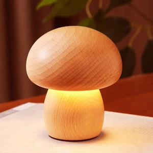 Wooden Mushroom Lamp Portable Cordless Small Night Lamp Rechargeable Battery Operated Desk Lamp