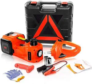 AtliFix Car Repair 12V DC 3 in 1 Tire Inflator and Flashlight with Electric Impact Wrench 5T Steel Electric Hydraulic Jack