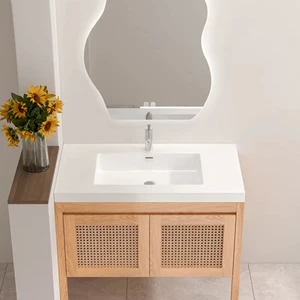 Popular Wooden Rattan Bathroom Cabinet Floor To Ceiling Washbasin Cabinet Combination Of Rock Slab Ceramic Integrated Basin