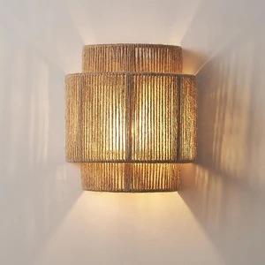 E27 Modern Woven Bedside Wall Light Antique Asia Hotel Indoor Hemp Rope Rattan Wall Lamp Bathroom Vanity