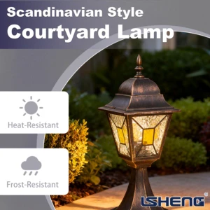 European-style Antique Gold Column Lamp Aluminum Glass IP44 Rated Remote Control Dimmable LED E27 AC 3-Year Warranty Garden